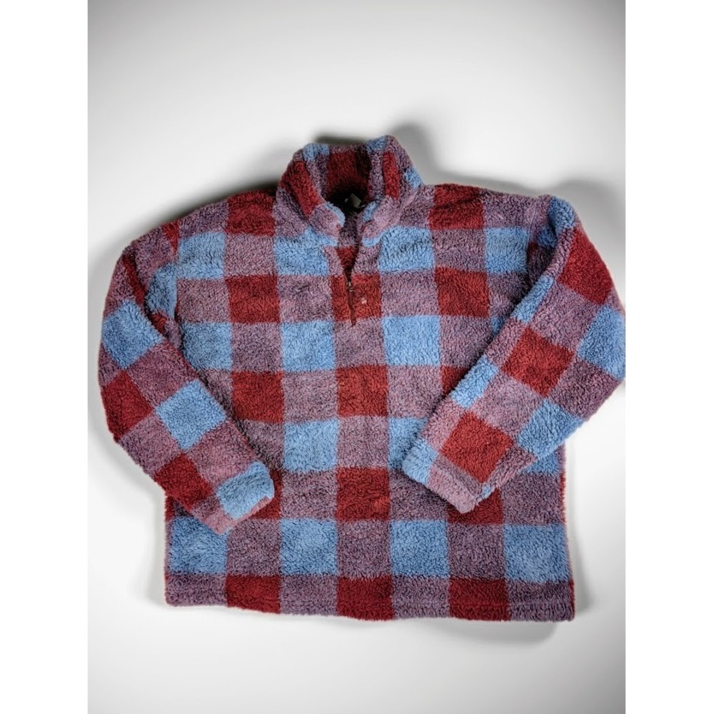 Eddie Bauer 1/4 Zip Pullover Fleece Sherpa Women's XL Blue Burgundy Plaid